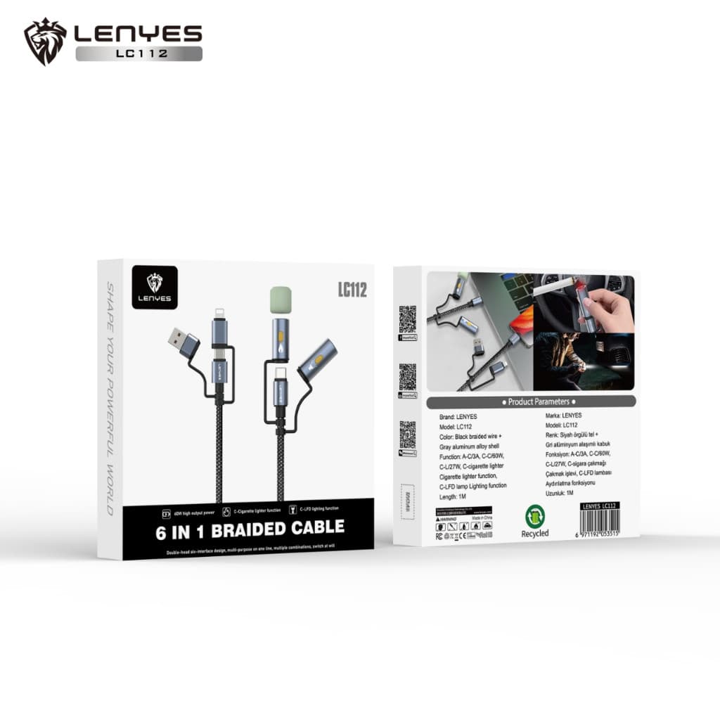 Kabel Data 6 IN 1 LENYES LC112  Fast Charging 60W Type C To Lightning USB Multifungsi Korek Api Elektrik Lampu LED 1 Meter