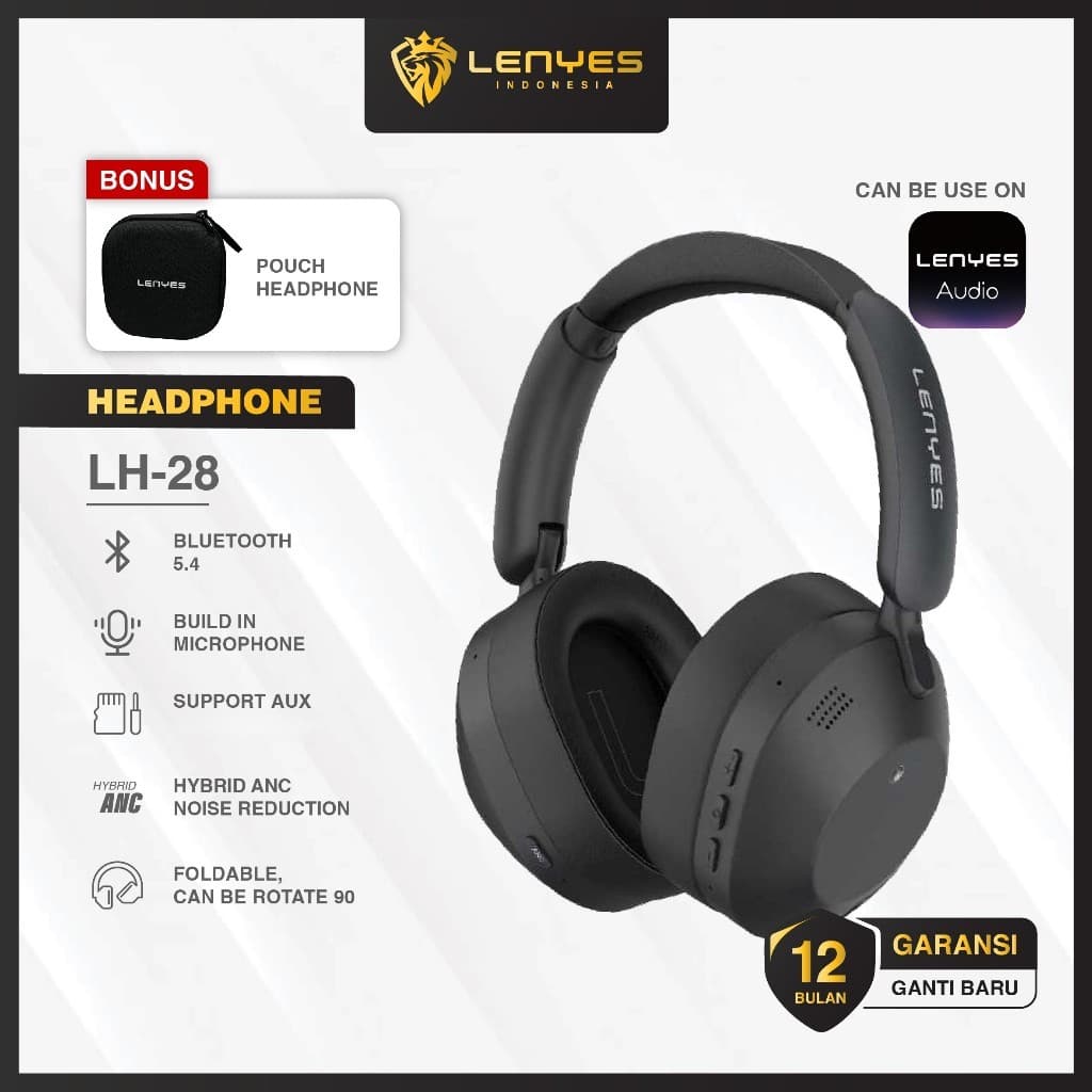 Headset Bluetooth LENYES LH28 Wireless 5.4 Hybrid ANC Headphone Foldable Heavy Bass Hifi Stereo With Mic