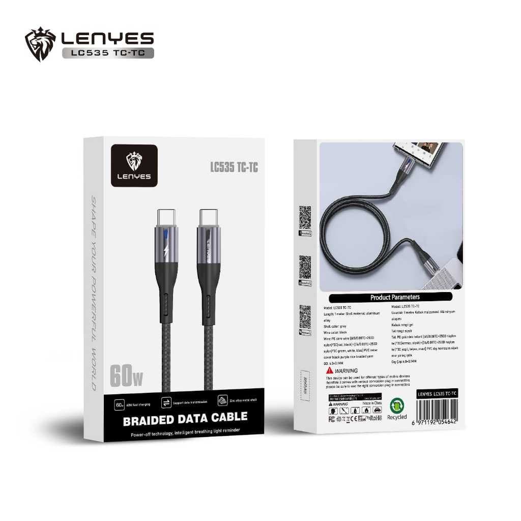 Kabel Data LENYES LC535 60W Fast Charging Type C To Type C Data Cable Charger Braided Nylon 1 Meter