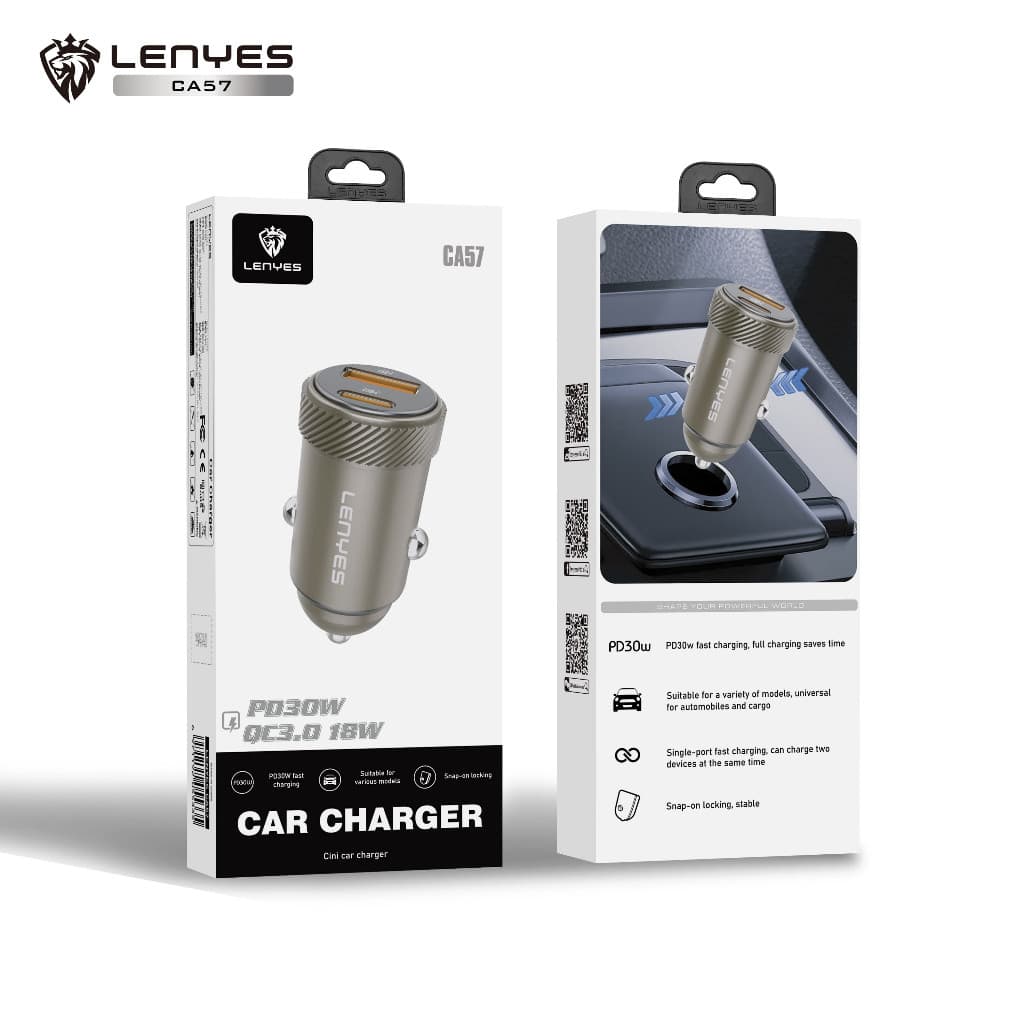 Adaptor Saver Mobil LENYES CA57 PD30W Mini Car Charger Fast Charging QC3.0 Dual Port Type C + USB Untuk HP