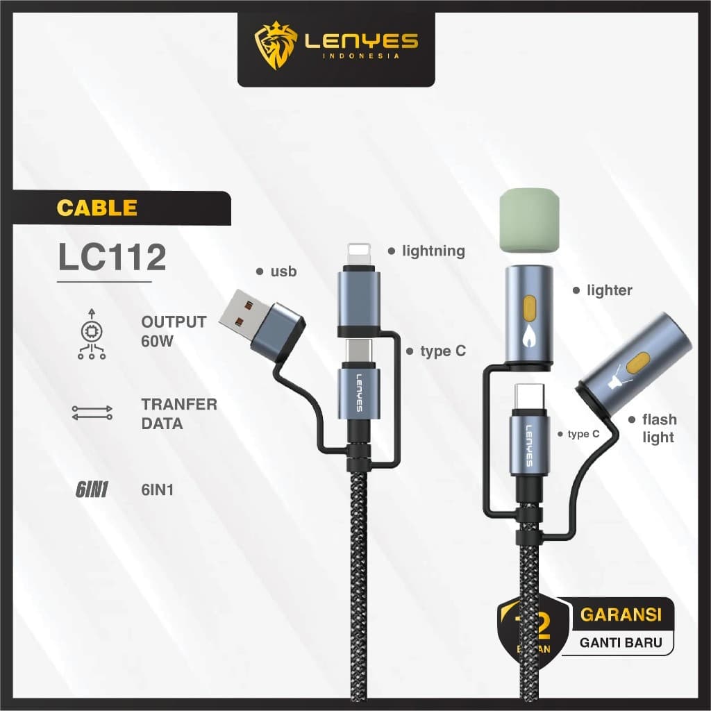 Kabel Data 6 IN 1 LENYES LC112  Fast Charging 60W Type C To Lightning USB Multifungsi Korek Api Elektrik Lampu LED 1 Meter