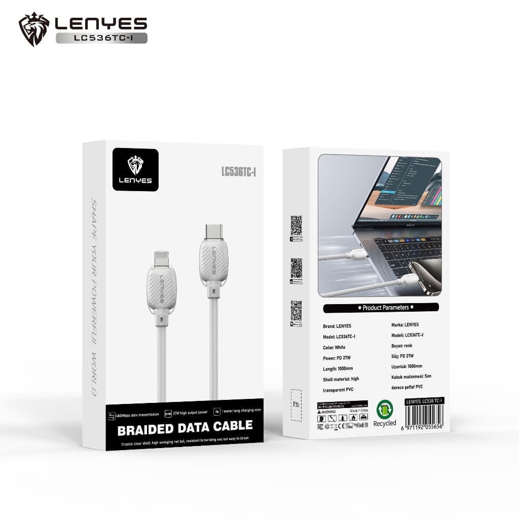 Kabel Data LENYES LC536 Fast Charging 27W Lightning 60W Type C Braided Data Cable Charger 1 Meter