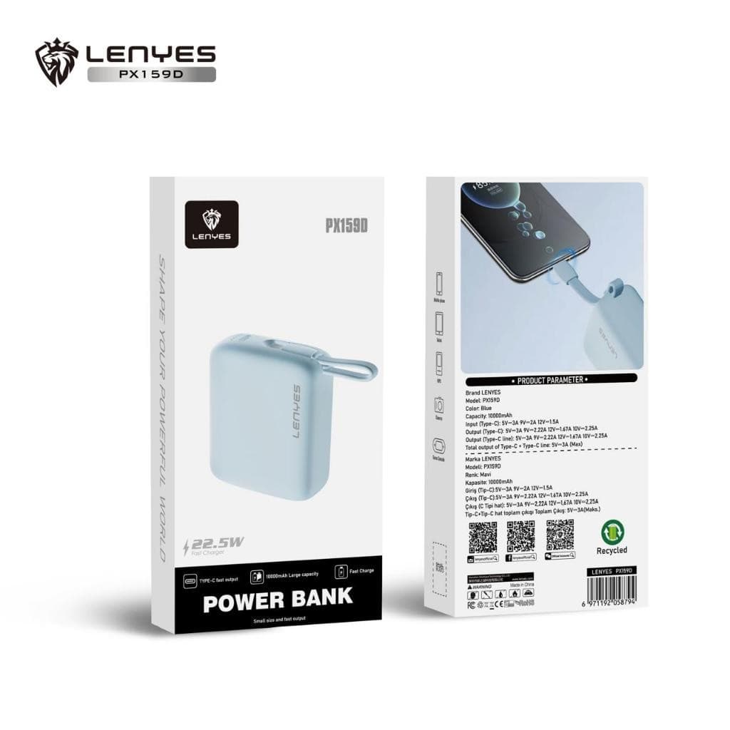 Powerbank 10000mAh LENYES PX159D Super Mini Fast Charging 22.5W Built In Cable Type C Output Power Bank