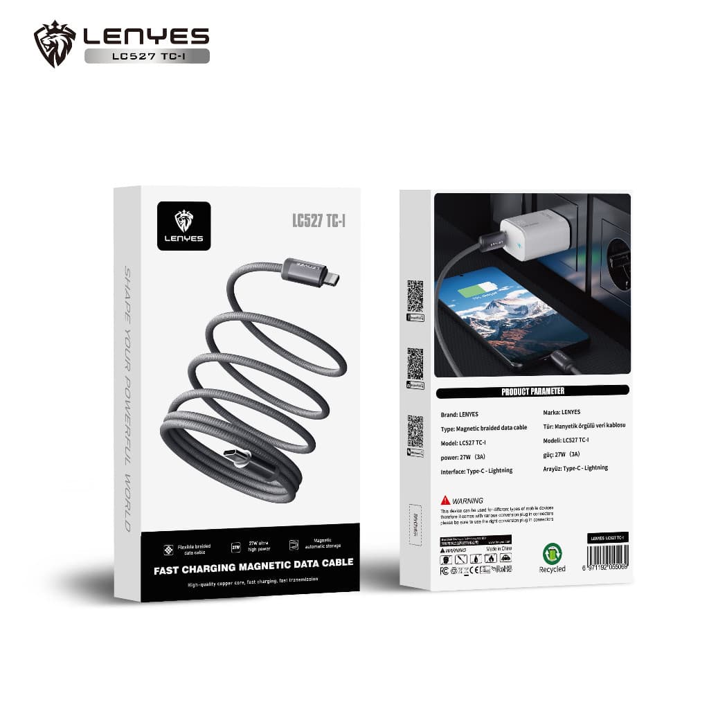 Kabel Data LENYES LC527 Fast Charging 27W 60W Magnetic Braided Data Cable Charger Nylon