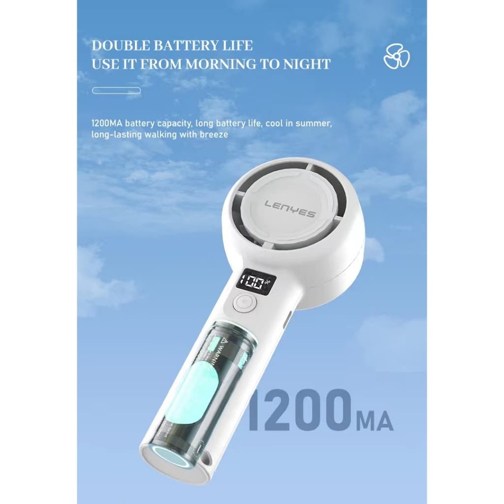 Kipas Angin Genggam 1200mAh LENYES LHF07 Mini Fan Portable 5 Speed Wind Adjustable LED Digital Display