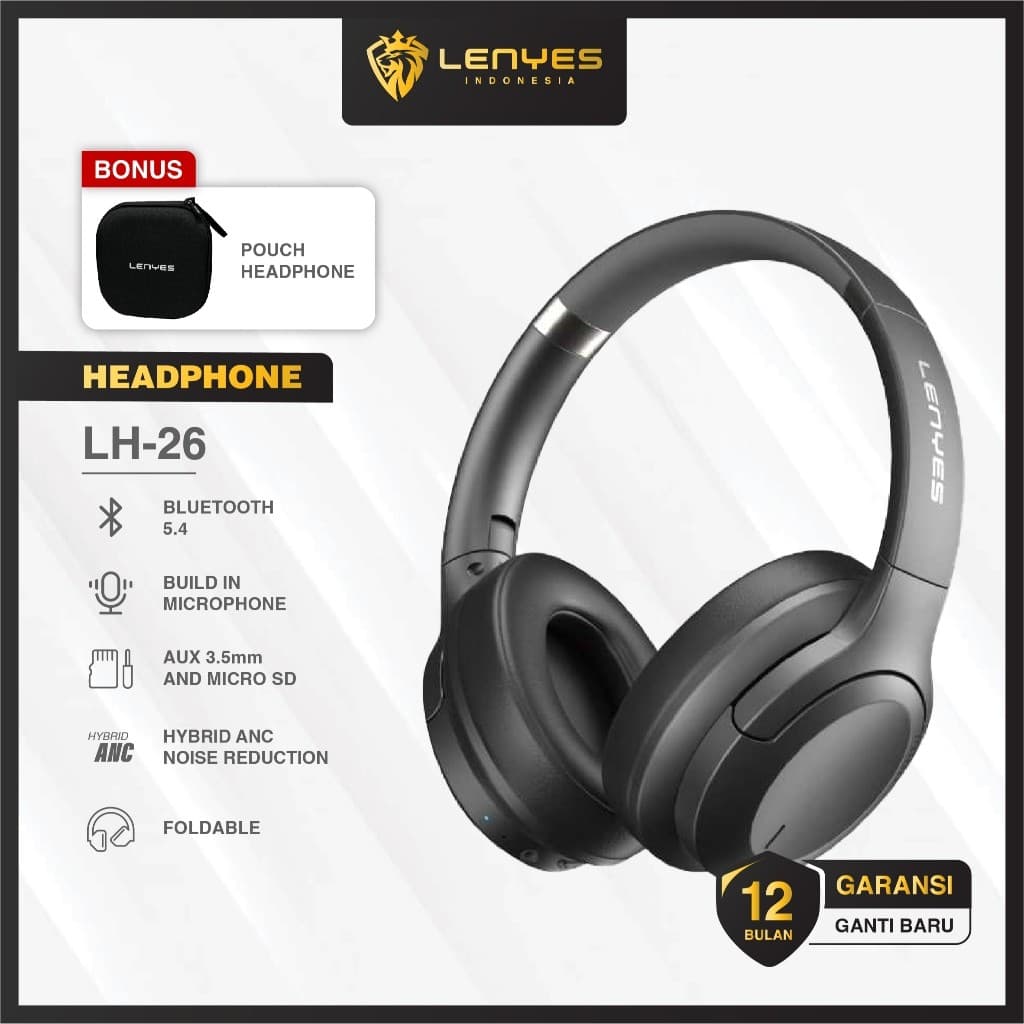 Headset Bluetooth LENYES LH26 Wireless 5.4 Hybrid ANC Headphone Foldable Heavy Bass Hifi Stereo With Mic