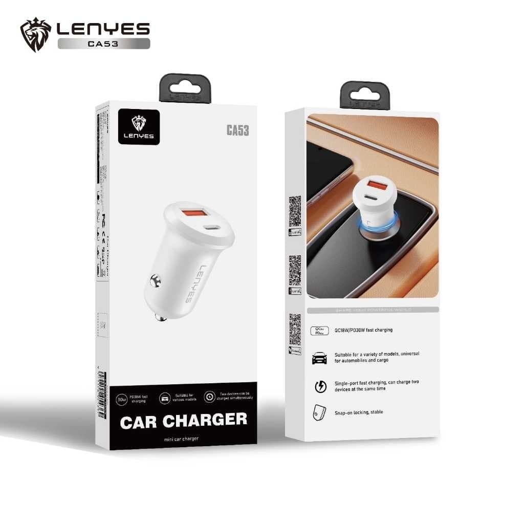 Adaptor Saver Mobil LENYES CA53 PD30W Mini Car Charger Fast Charging QC3.0 Dual Port Type C + USB Untuk HP