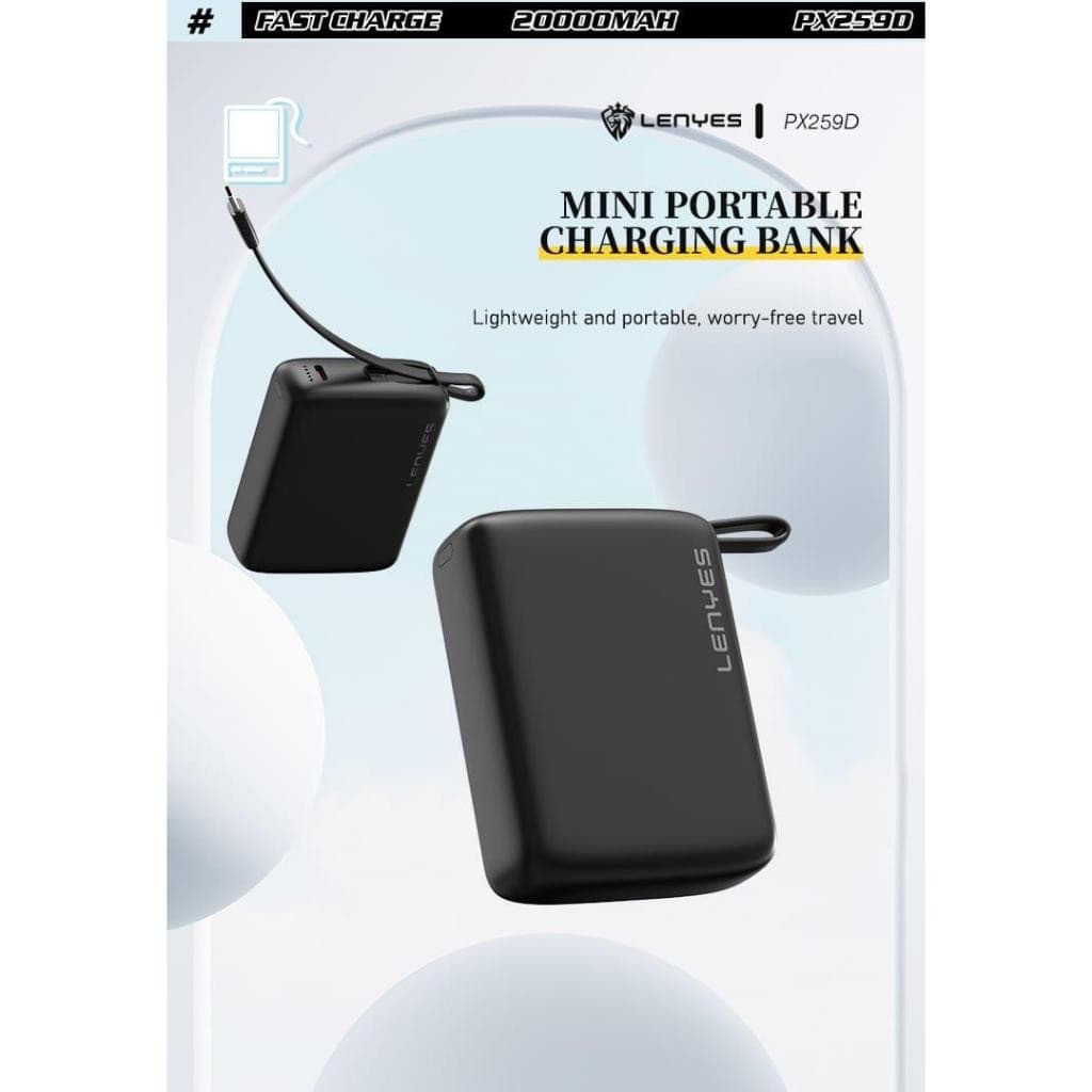 LENYES PX259D Super Mini Powerbank 20000mAh Fast Charging 22.5W Built In Cable Type C Output Power Bank