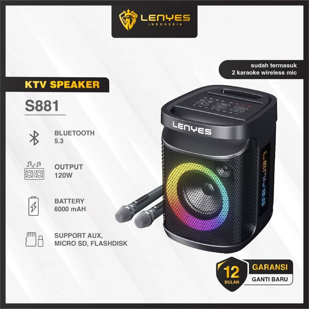 Speaker + Microphone LENYES S881 120W KTV Wireless  Karaoke Bluetooth 5.3 Portable RGB Light Waterproof IPX4 TWS
