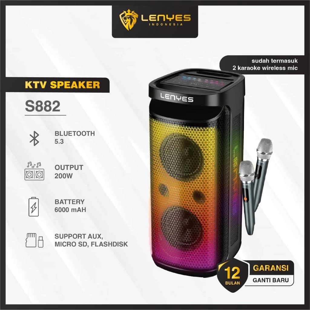 Speaker + Microphone LENYES S882 200W KTV Wireless Bluetooth 5.3 High Power With RGB Light Waterproof IPX4 TWS