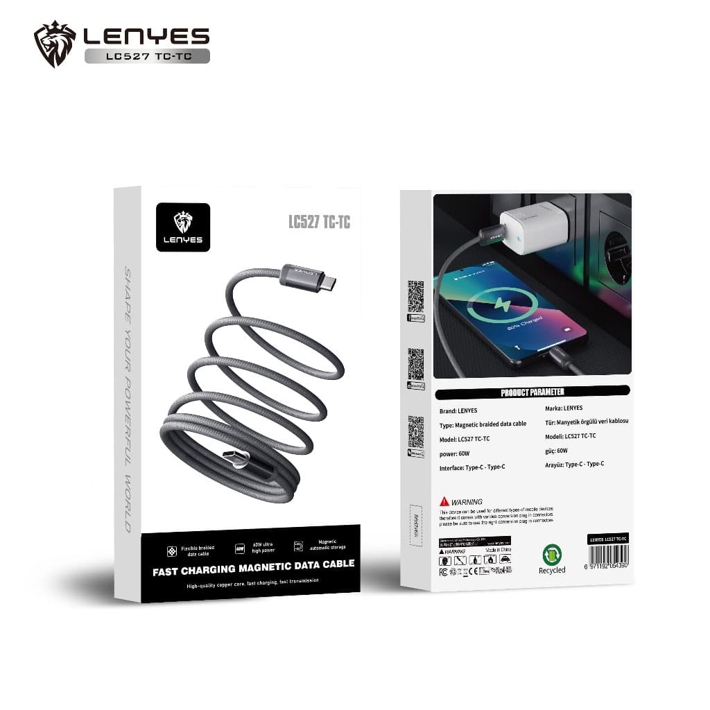 Kabel Data LENYES LC527 Fast Charging 27W 60W Magnetic Braided Data Cable Charger Nylon