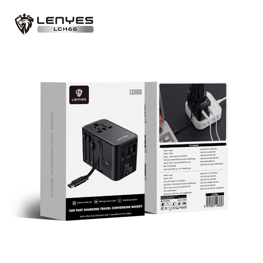 Adaptor International LENYES LCH66 70W GaN Universal Travel Charger Dual Port USB + Type C Fast Charging Built In Cable Type C