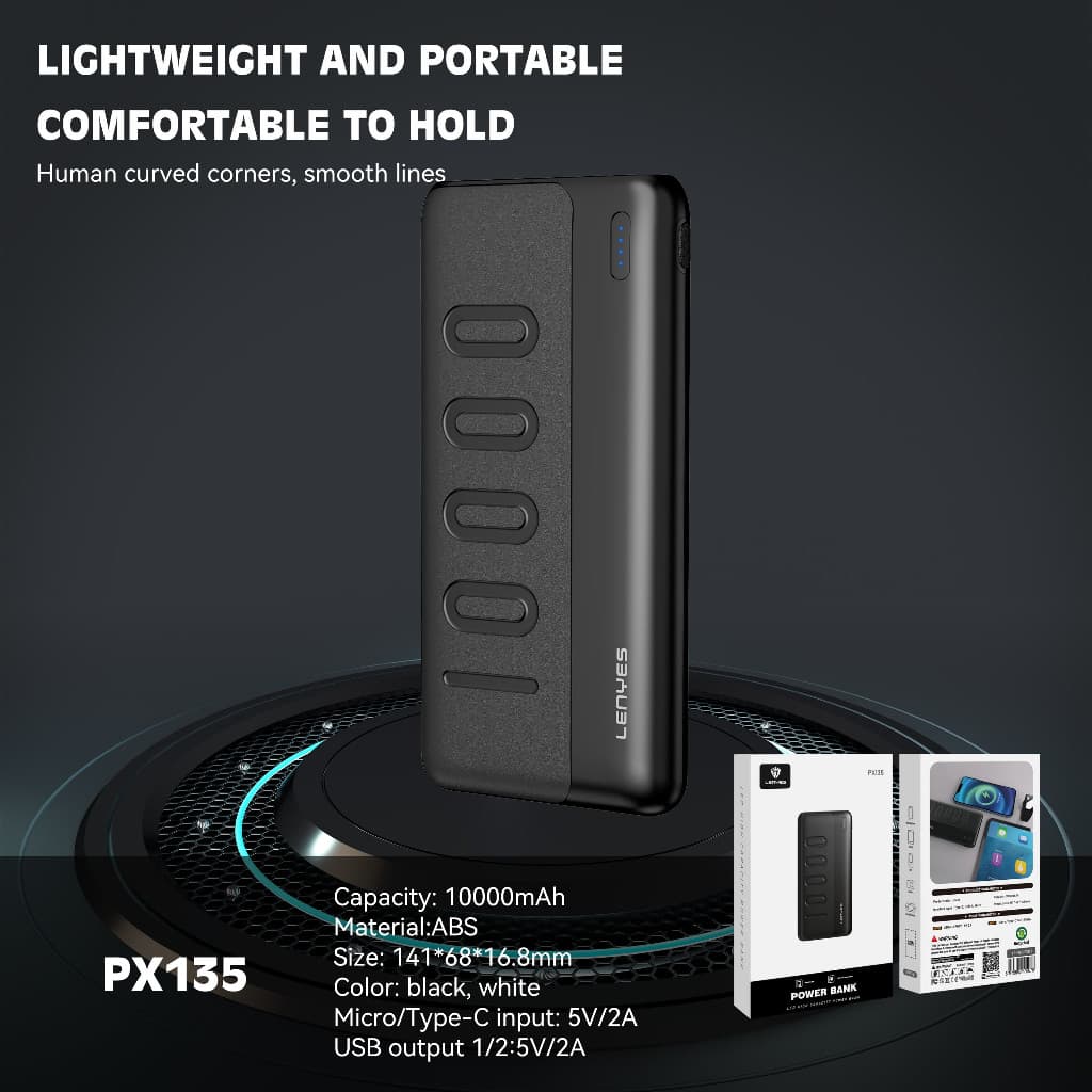 Powerbank 10000mAh LENYES PX135 Slim Portable Real Capacity LED Display Indicator Power Bank