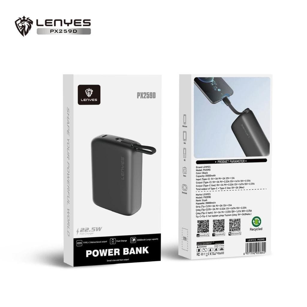 LENYES PX259D Super Mini Powerbank 20000mAh Fast Charging 22.5W Built In Cable Type C Output Power Bank