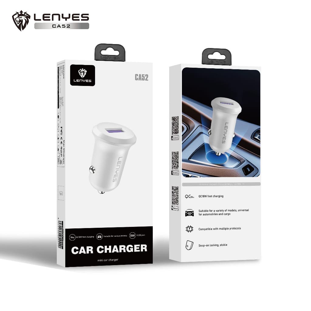 Mini Car Charger LENYES CA52 18W Charger Fast Charging QC3.0 Port USB Adaptor Saver Mobil Untuk HP