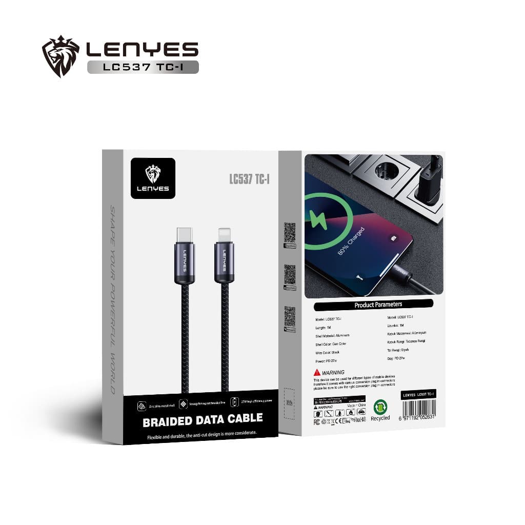 Kabel Data LENYES LC537 Fast Charging 27W Lightning 60W Type C Data Cable Charger Nylon 1 Meter
