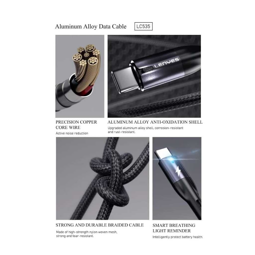 Cable Data LENYES LC535 60W Fast Charging Type C To Type C  Charger Kabel Data Braided Nylon 1 Meter