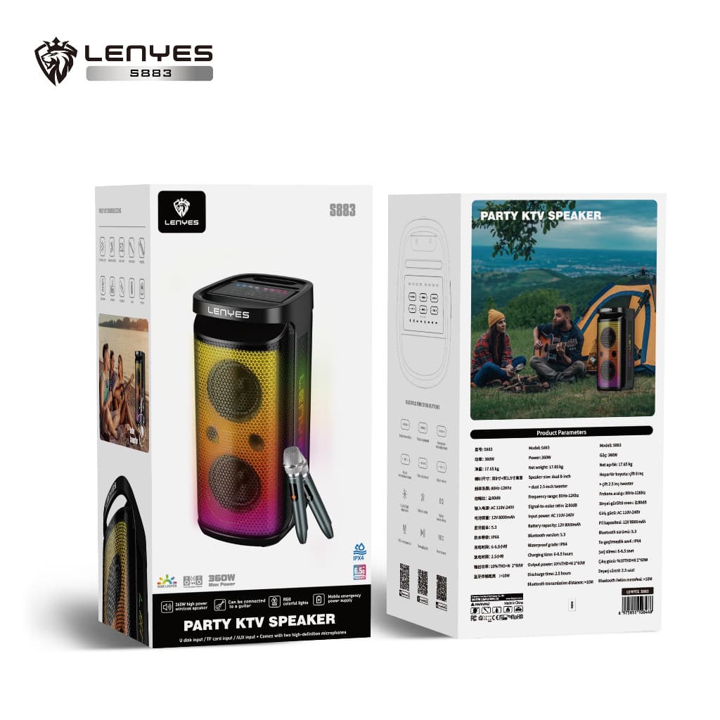 Speaker + Microphone LENYES S883 360W KTV Wireless Karaoke Bluetooth 5.3 RGB LED Light Waterproof IPX4 TWS