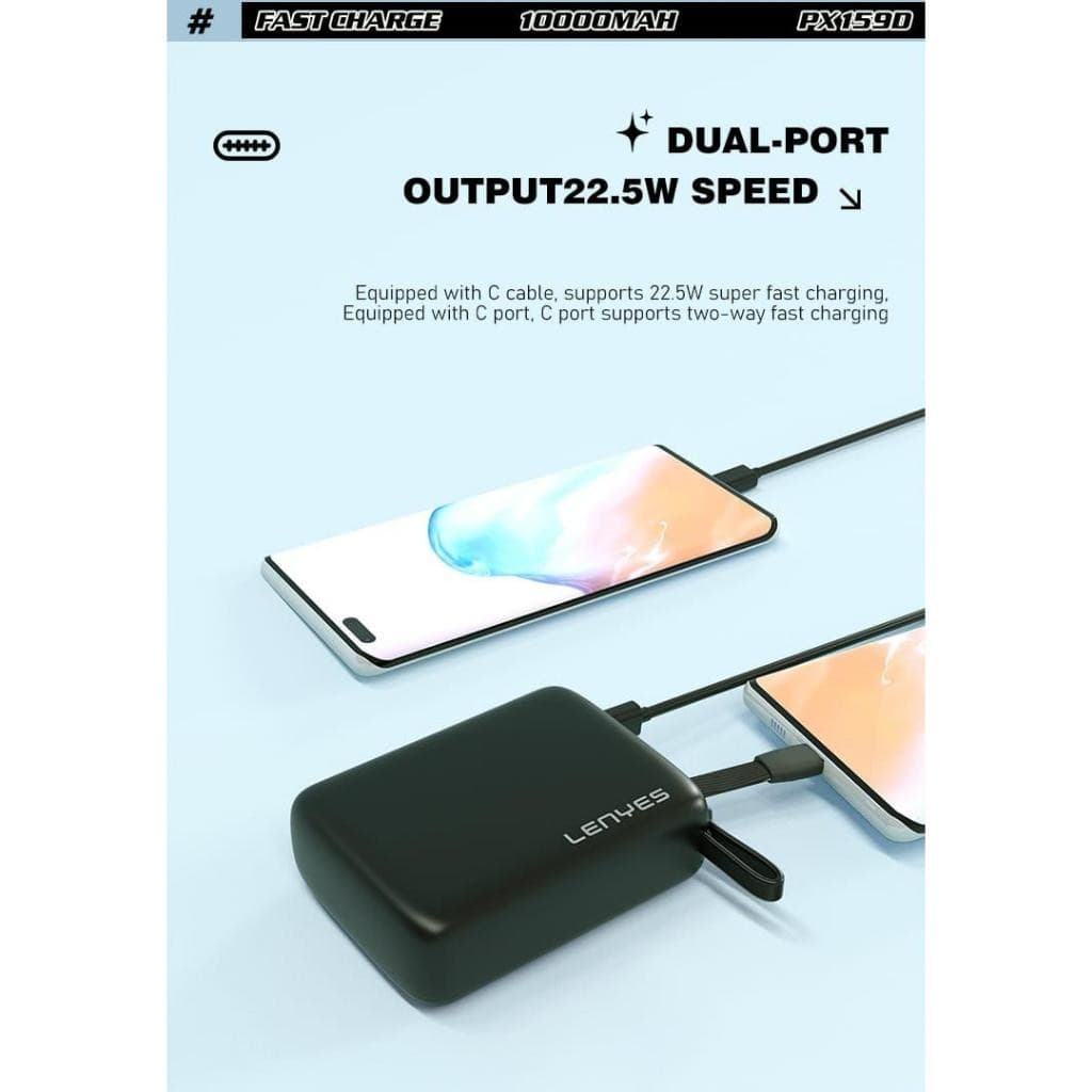 Powerbank 10000mAh LENYES PX159D Super Mini Fast Charging 22.5W Built In Cable Type C Output Power Bank