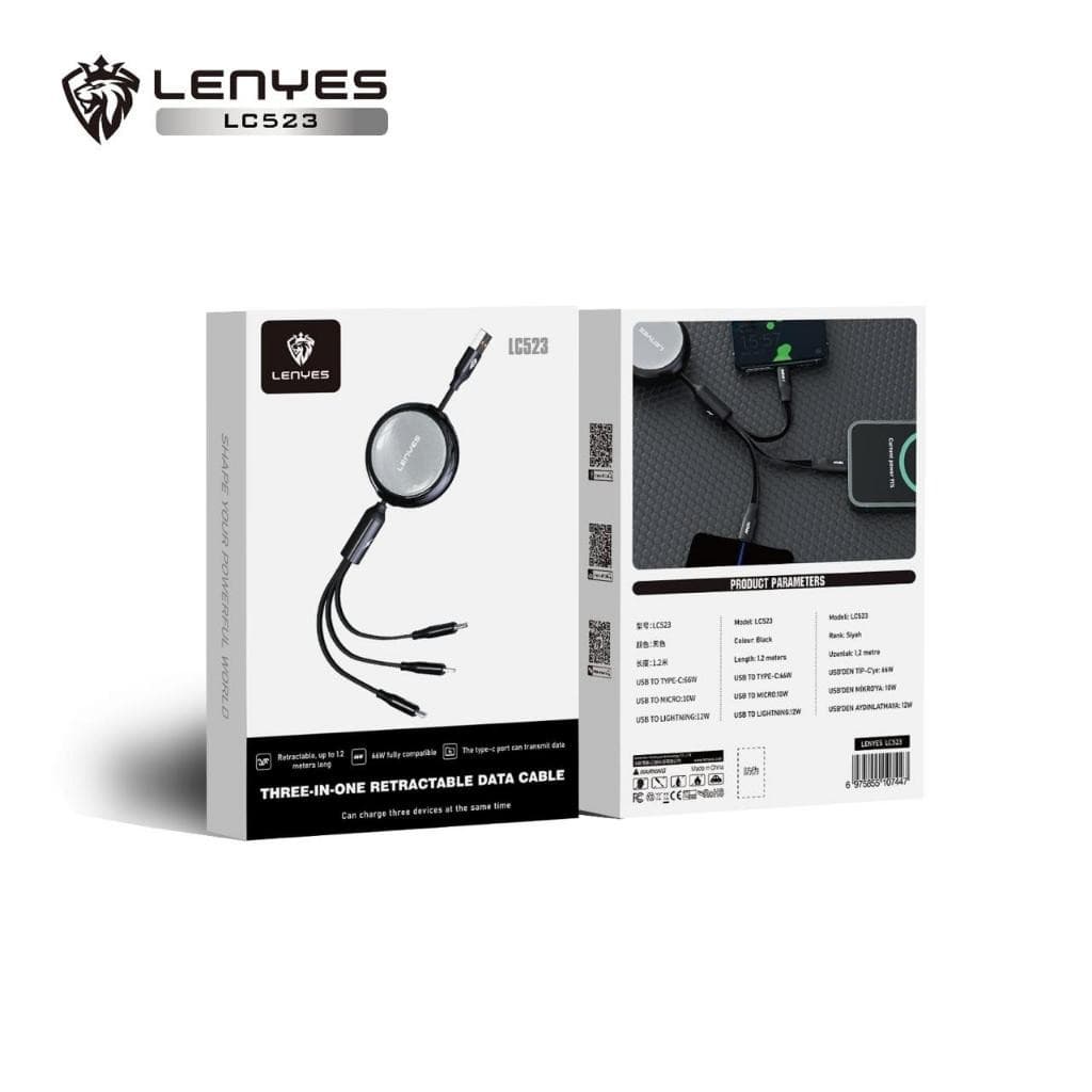Kabel Data 3 in 1 LENYES LC523 Fast Charging 66W Data Cable USB To Micro Type C Lightning 1.2 Meter
